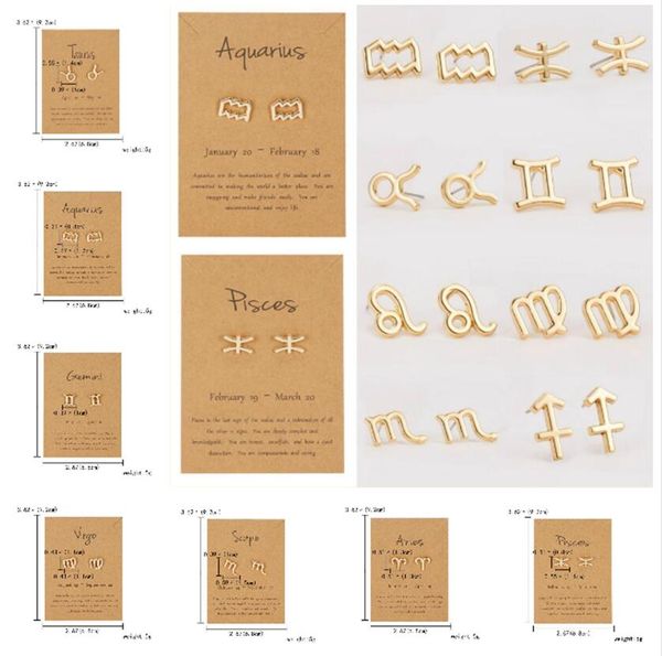 

12 constellation stud earrings for women zodiac sign metal jewelry leo libra aries gold silver earrings female birthday gifts with card, Golden;silver
