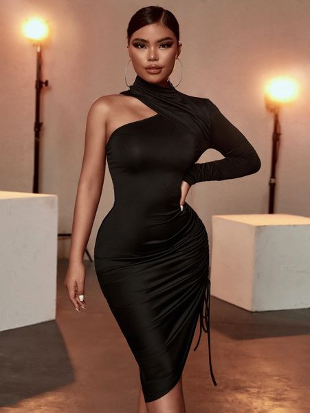 

sxy single sleeve high neck drawstring side bodycon dress 729o#, Black;gray