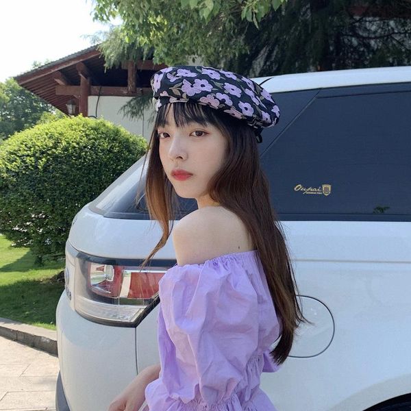 

berets boinas para mujer flower beret hats female tide japanese sweet and cute fashion painter hat thin style wild travel casquette, Blue;gray