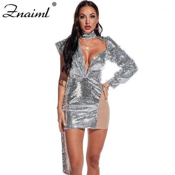 

znaiml high grade elegant evening party dresses o-neck long sleeve sequined mesh bodycon mini dresses women nightclub dress1, Black;gray