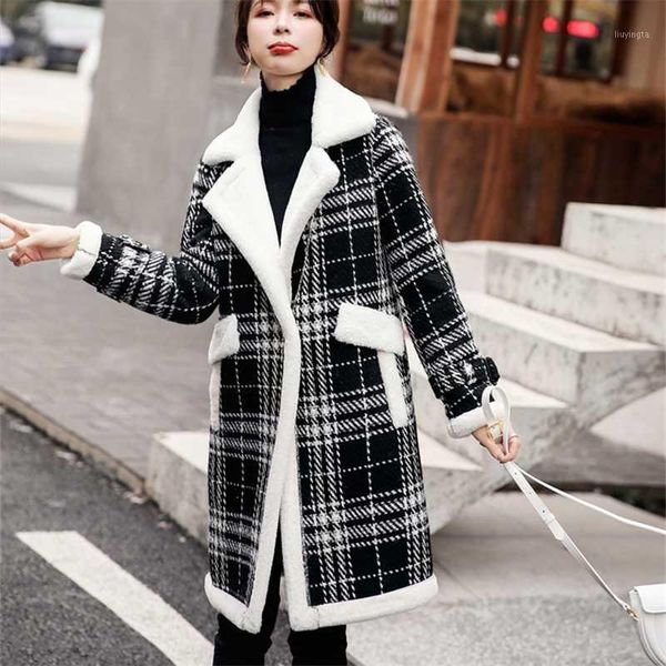 

plaid woolen jacket women's mid-length 2020 autumn winter fashion new warm slim fit fur one temperament coat tide1, Black