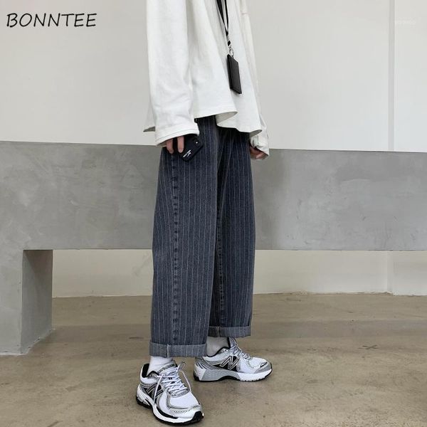 

men jeans loose striped denim wide leg ankle-length casual fashion korean style harajuku chic mid waist all-match male ins new1, Blue