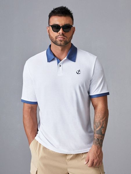 

extended sizes men graphic contrast trim polo shirt l83v#, White;black
