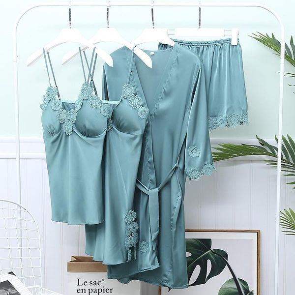 

spring new 4 pcs set pajamas woman ice silk long sleeve with chest pad pyjamas1, Black;red