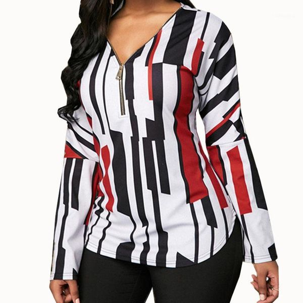 

new 2020 spring women's t-shirt fashion zipper v neck printing long sleeve t-shirt women loose plus size tee 5xl1, White