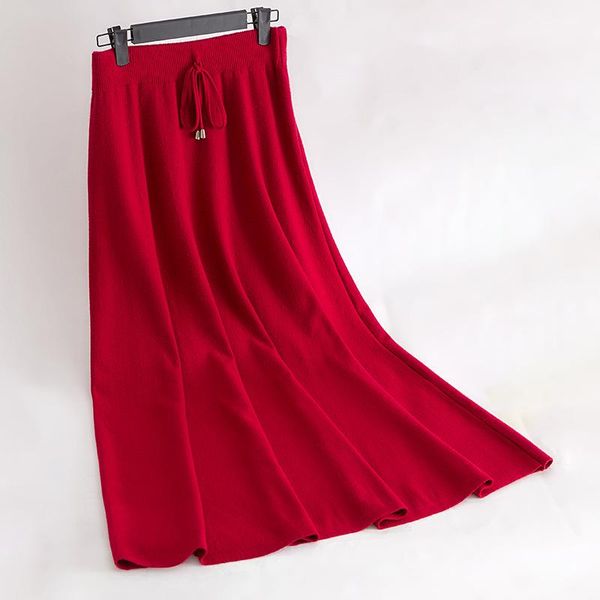 

skirts gigogou women sweater maxi skirt lengten pleated drawstring womens saias midi faldas vintage knitted, Black