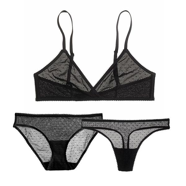 

ultra-thin dots mesh lace underwear transparent unlined bra set for ladies lingerie set deep v bralette 1 bra+2 panties, Red;black