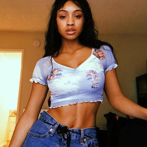 

angel print women vintage sheer mesh short sleeve crop 2021 beach party v neck see through tank woman clothes, White