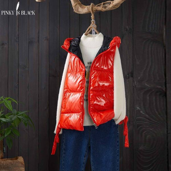 

pinkyisblack autumn winter vest women waistcoat female shinny patchwork sleeveless vest jacket hooded warm short vest coat 201027, Black;white