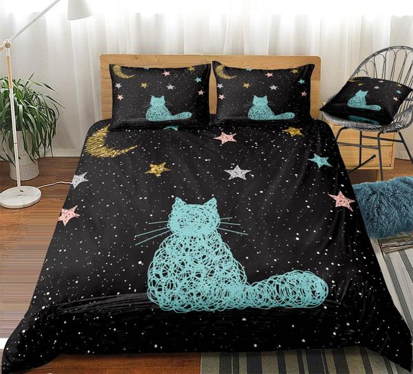 

galaxy cat duvet cover set queen cartoon bedclothes animal bed set pet bed linens 3pcs stars bedding for kids dropship space