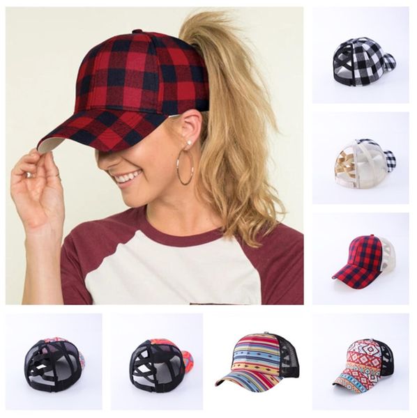 

buffalo plaid baseball cap womens criss-cross hollow out ponytail ball hat snapback mesh visor tartan grids rainbow striped headwear e102802, Yellow