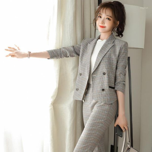 

2021 new spring elegant office women suits short blazer & loose pants female 2 pieces set gray apricot plaid long sleeve jacket1, White