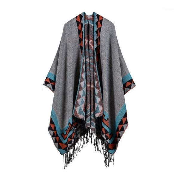 

bohemian women's autumn winter poncho ethnic scarf fashion print cashmere blanket carves lady shawl tassel cape thicken1, Blue;gray