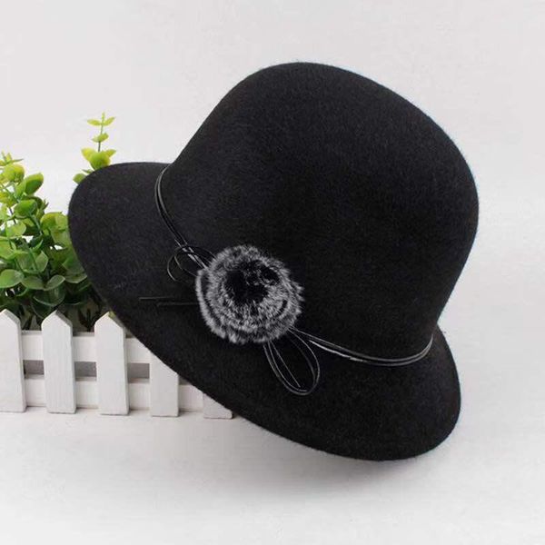 

stingy brim hats lady autumn and winter fashion woolen bowler felt hat female elegant solid warm british cap flower, Blue;gray