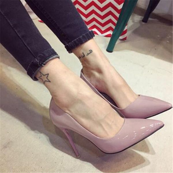

new 10cm nude color pointed high heels stiletto shallow mouth black patent leather work shoes women's shoes