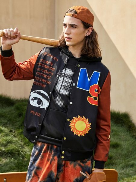 

men slogan and figure graphic colorblock bomber jacket f0em#, Black;brown