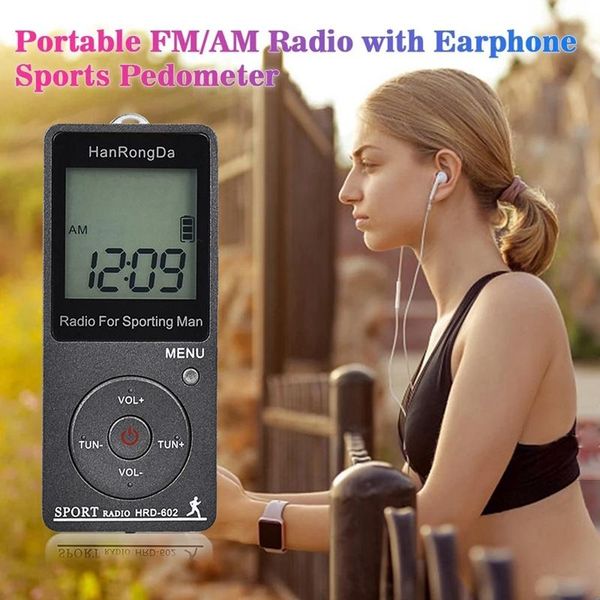 

hrd-602 portable radio receiver fm/am radio lcd display lock button pocket with earphone sports peeter