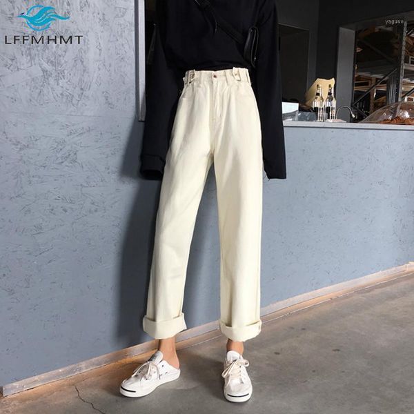 

women korean style high waist casual loose solid color denim pant office lady vintage simple straight jeans student wild trouser1, Blue