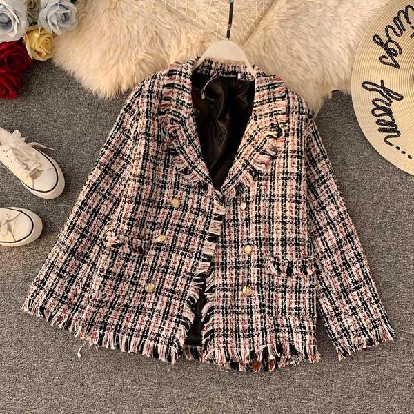 

2020 autumn new women jacket female o-neck fashion temperament woman coarse plaid jackets lady short small suit woolen coat, Black;brown