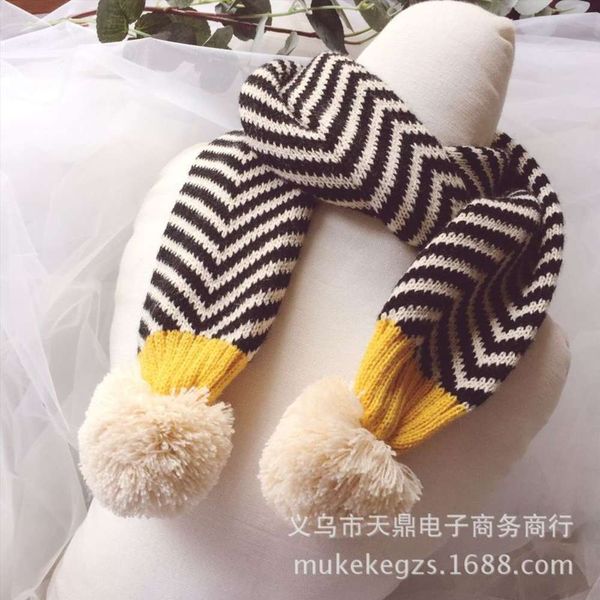 

south korea's same striped color matching big ball children's knitted fashion boy and girl's wool scarf neck, Red;brown