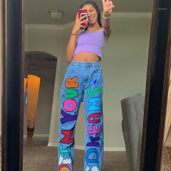 

new women's streetwear hip-hop rainbow print straight jeans pants women1, Blue