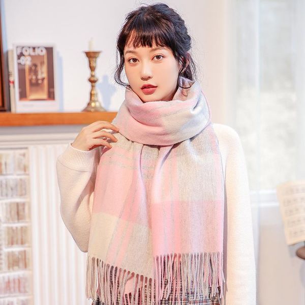 

scarves 2021 winter wool scarf for women 100% real pure classic plaid tassels wraps and shawls ladies luxury warm, Blue;gray