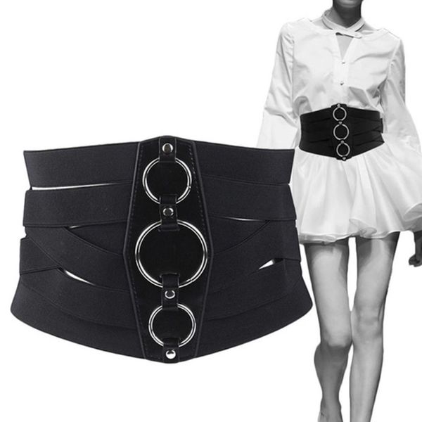 

fashion corset belt women waist elastic cummerbunds pu leather plus size belt wide designer waistband silver metal cummerbund y200501, Black;brown