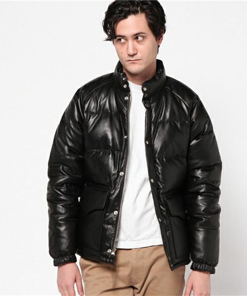 

men's leather & faux . arrival.mens genuine jacket,winter warm sheepskin coat.450g white duck down clothing., Black
