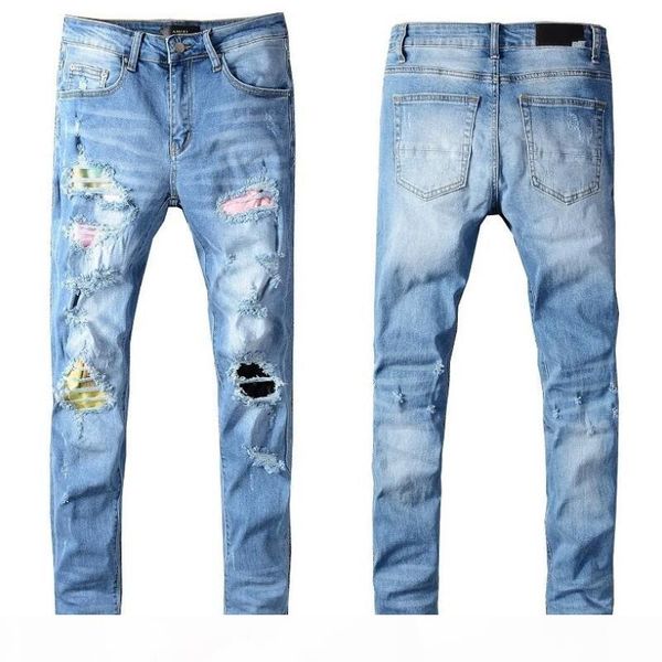 

new mens jeans distressed motorcycle biker jeans rock skinny slim ripped hole fashionable embroidery denim pants, Blue