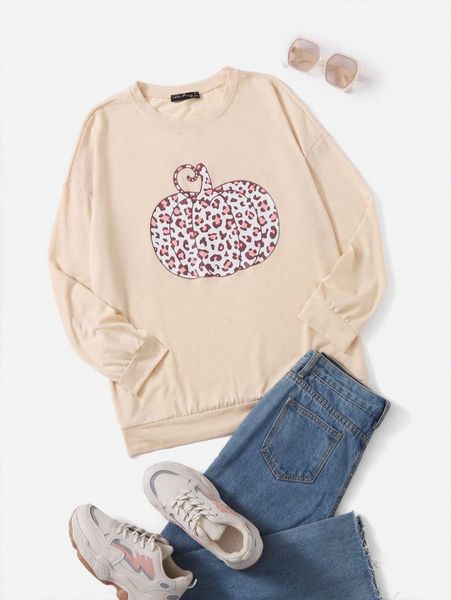 

emery rose leopard pumpkin print drop shoulder sweatshirt i7do#, White;black