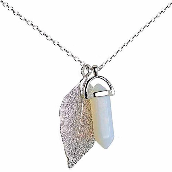 

pendant necklaces maxi necklace natural leaf opal quartz plated bohemia healing stone jewelry for women 2021, Silver