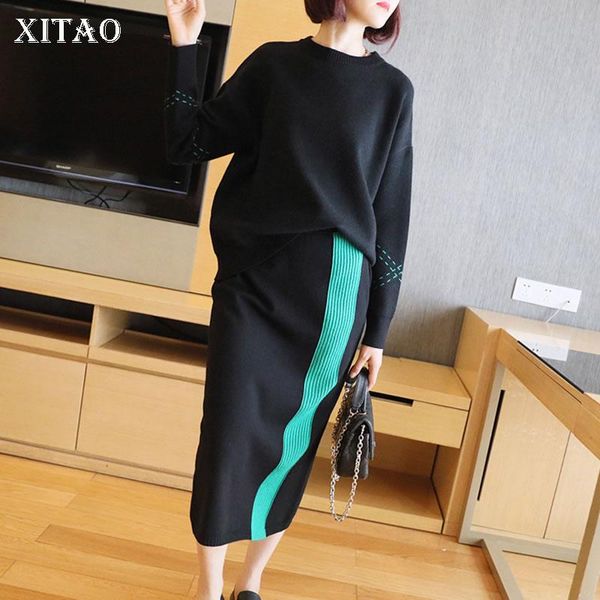

xitiao elegant two piece set women wild fashion striped knitted 2 piece set women o neck sweater autumn winter new zy1009, Gray