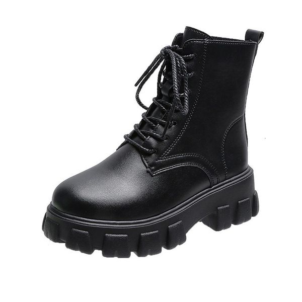 

2021 women ankle boots ladies shoes thick botomn pu patent leather fashion lace up non slip footwear new woman botas i3cy, Black