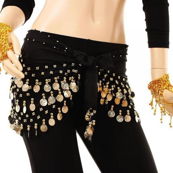 

shinning 3rows gold coin belly dance costume hip scarves skirt belt dancing wrap high quality, Black;red