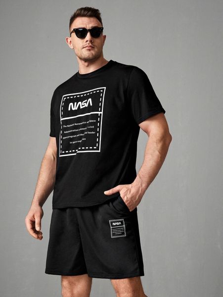 

extended sizes men slogan graphic tee & shorts 35de#, Gray