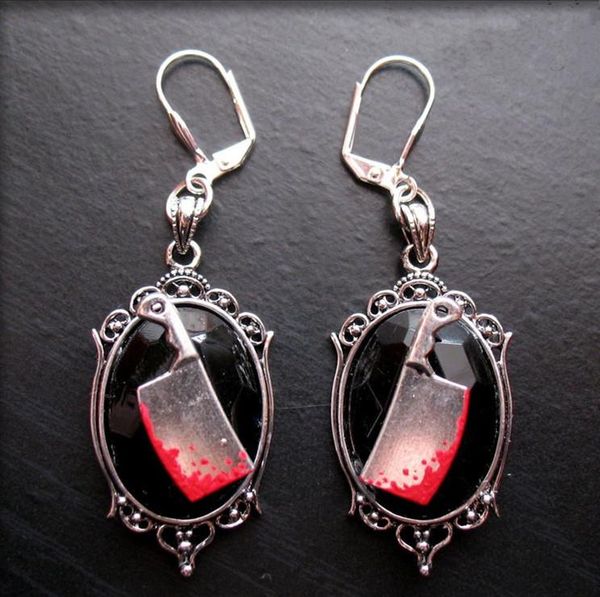 

dangle & chandelier gothic bloody meat cleaver earrings, halloween jewelry,goth, creepy, haunted, halloween, cookery, Silver