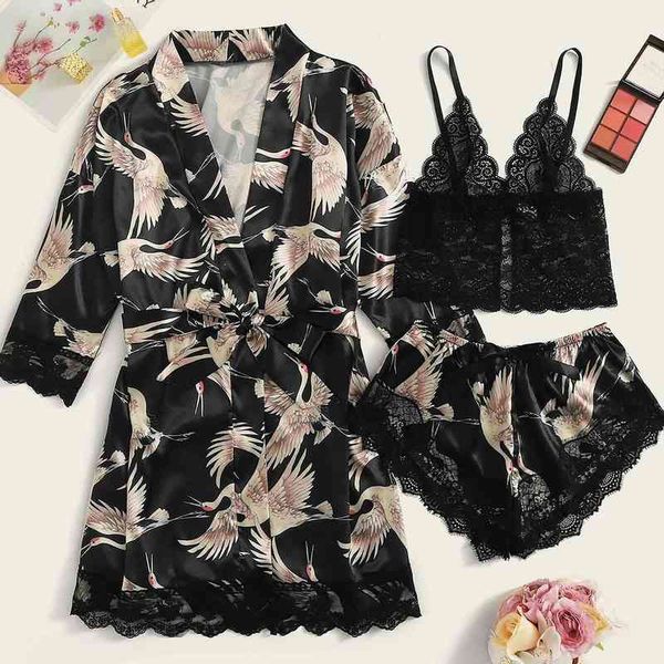 

3pcs Pajamas Suit Ladies Satin Sleepwear Sexy Lace Stitching Printing Nightgown Suspenders Shorts Faux Silk Pijama Feminino, Black;red