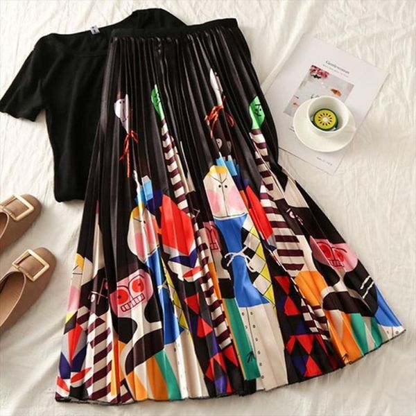

summer printed cartoon pleated skirt ladies empire high elasticity a line women fashion skirts 2020 new high street jupe, Black