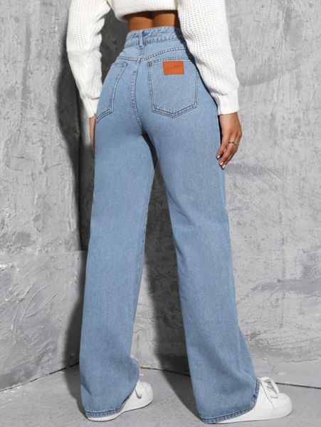 

high waist patched detail wide leg pants q7g2#, Blue