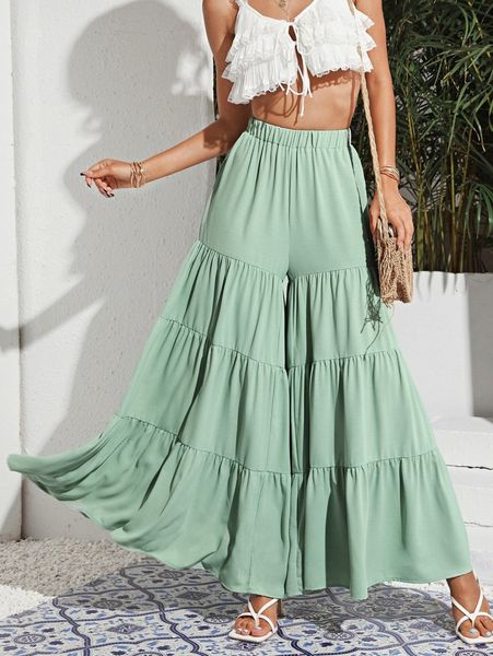 

elastic waist tiered hem palazzo pants h2c4#, Black;white