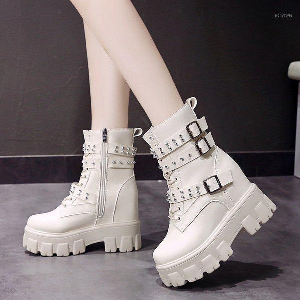 

boots fashion rivet chunky platform women black white double buckle height increase shoes woman ankle lady1