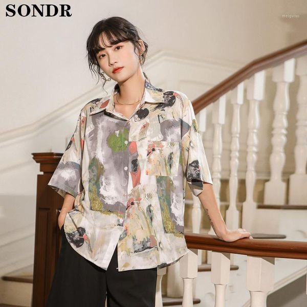 

womens and blouses plus size new summer colored drawing short sleeve blouse female loose casual button up collared shirts1, White