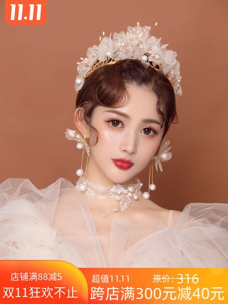 

mengyao bride fashion flower super fairy hair decoration wedding dress accessories korean style beautiful crown earring set, Silver