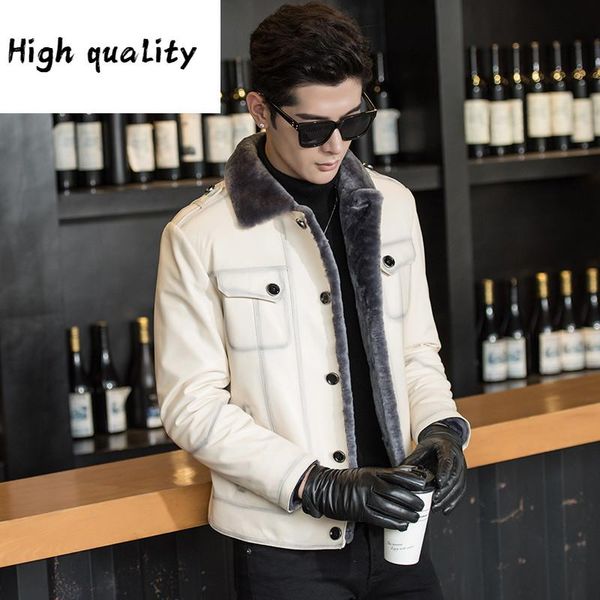 

leather genuine leather men sheepskin shearling coat real wool fur coat men short autumn winter jacket, Black