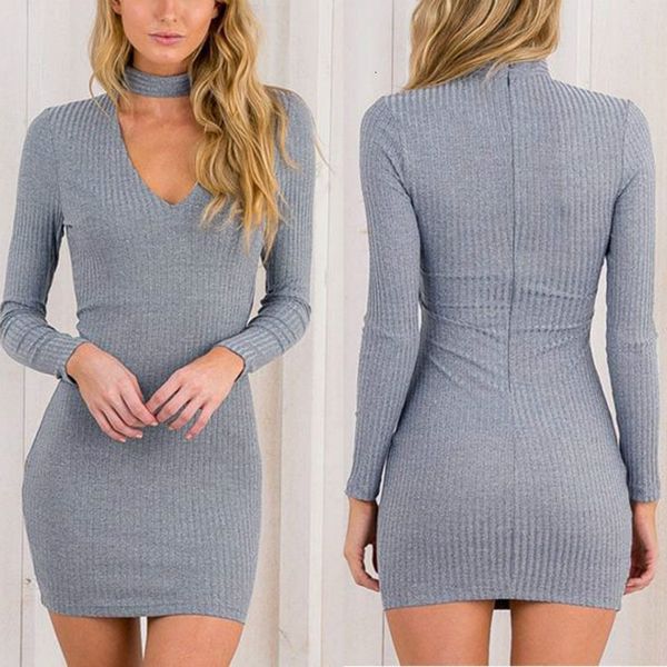 

autumn winter new long sleeve v-neck buttock mid length dress, White