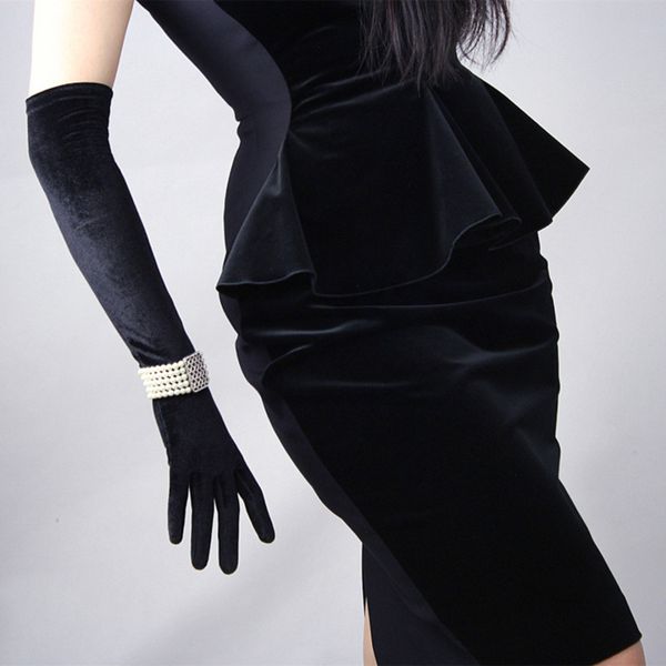 

spring autumn women gold 43cm long dinner dress black velvet elastic warm driving gloves h47, Blue;gray