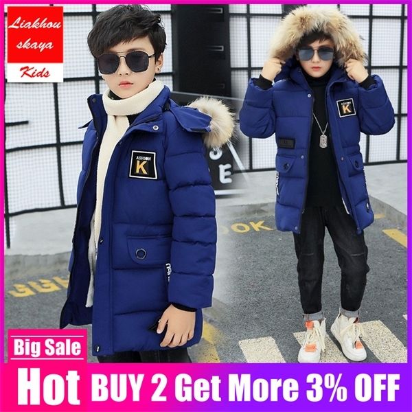 

2019 new winter kids jacket boys teenage fur hooded outerwear parka thicker cotton -30 russia overcoat clothes for children c1012, Blue;gray