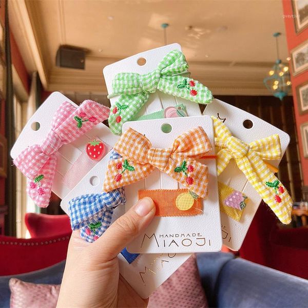 

2 pcs simple cute embroidery cherry plaid bow rubber band fashion sweet girl children colorful fruit bb clip hair accessories1, Slivery;white