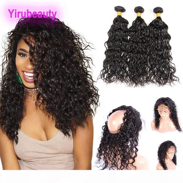 

indian human hair water wave 3 bundles with lace frontal 4pcs lot 8-30inch bundles with 360 lace frontal adjustable band ear to ear, Black;brown