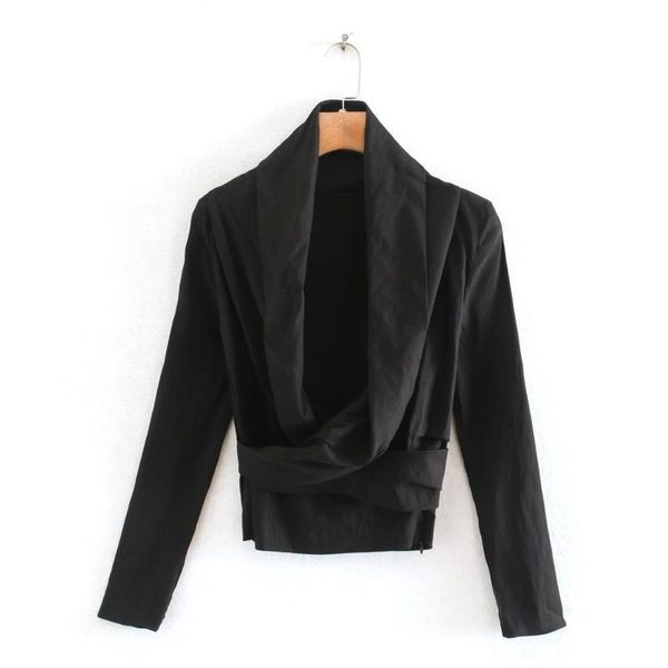 

новый stretch легкие ткани плиссированной талии top asymmetric воротником с длинным рукавом 2020 весна женские, White